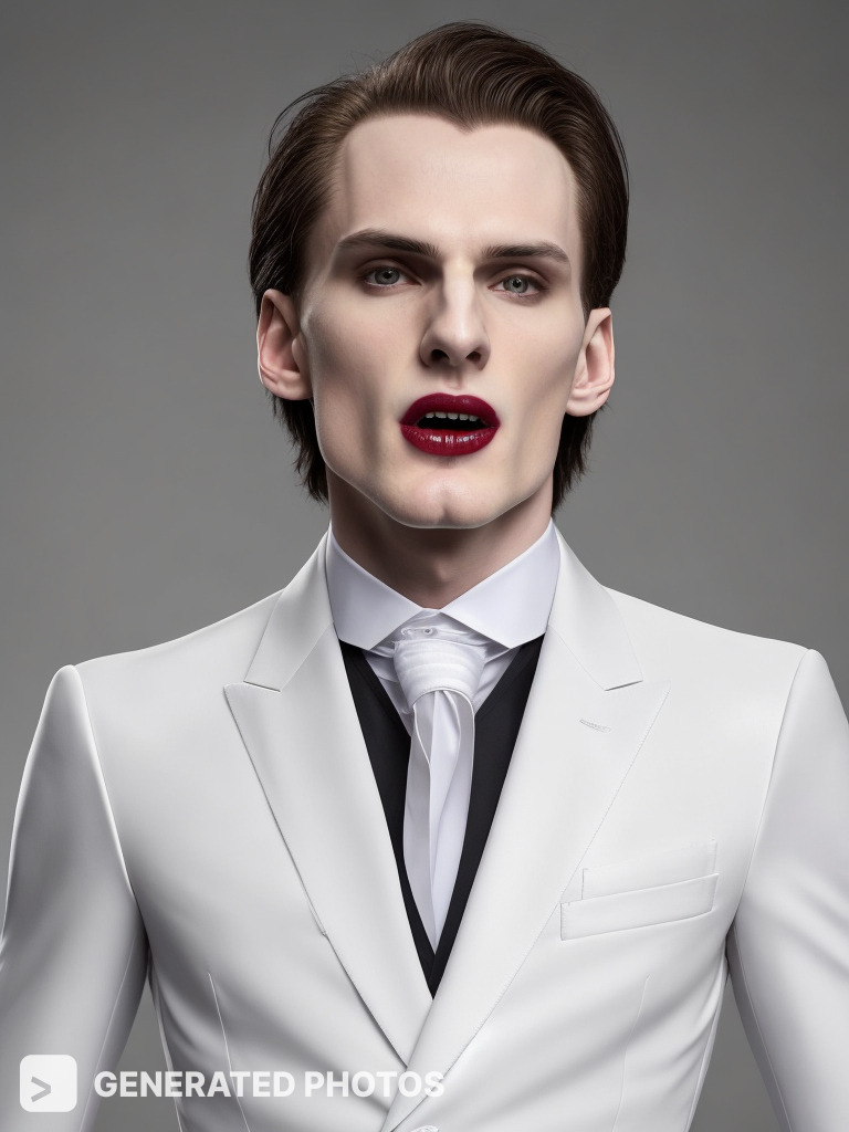 a vampire in a white suit with red lips