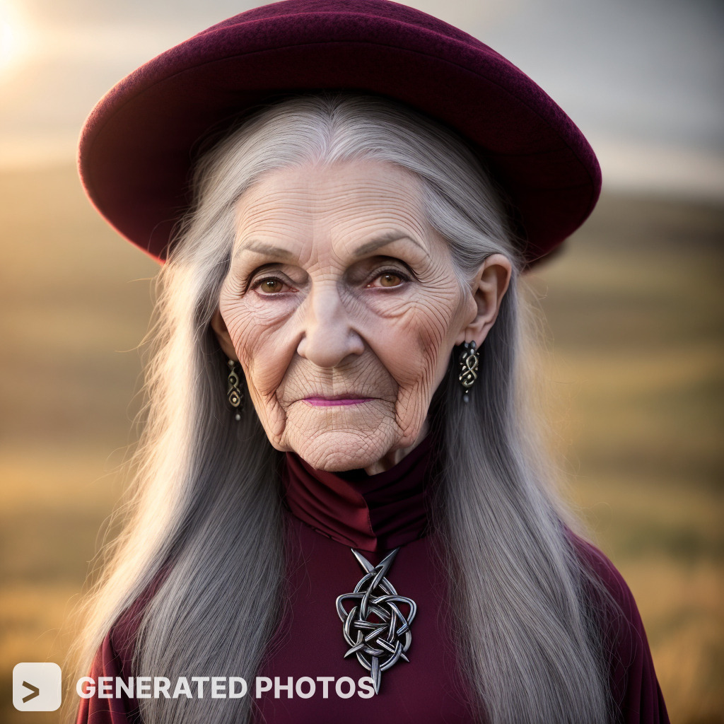 An old woman with long white hair and a hat