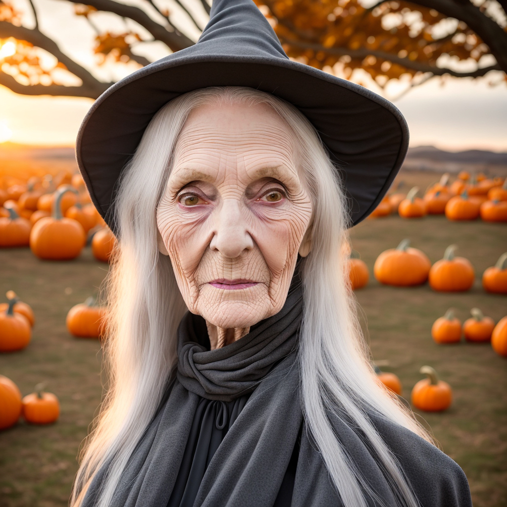 a portrait of an old woman in a witch hat
