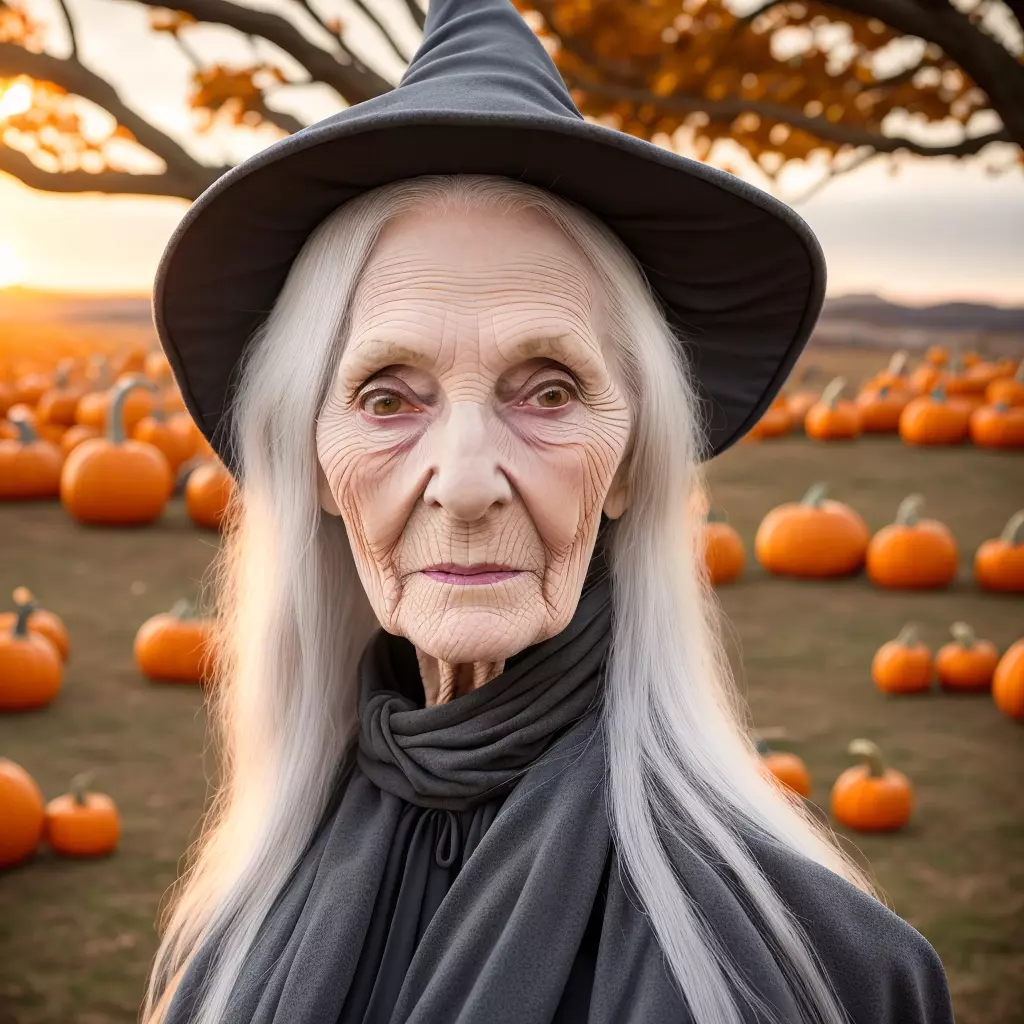 a portrait of an old woman in a witch hat