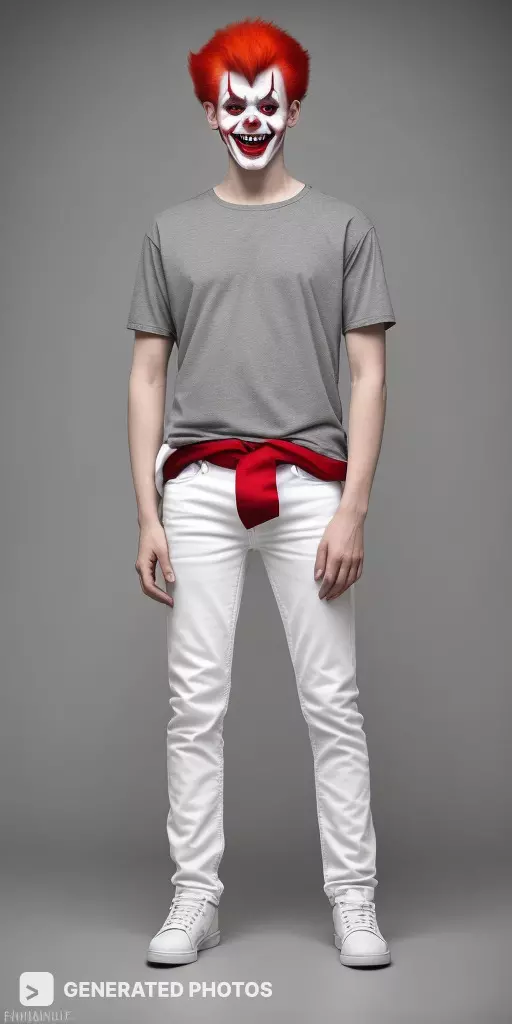 a man with red hair in a gray t-shirt, white jeans and white sneakers