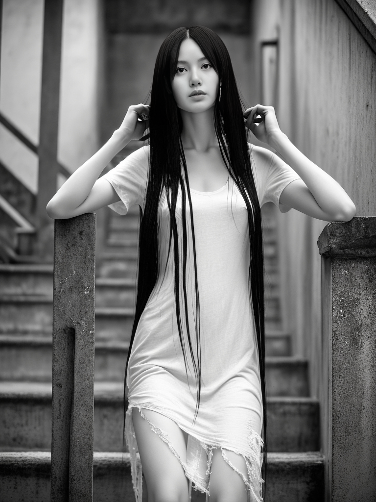 black and white picture of a girl with long black hair