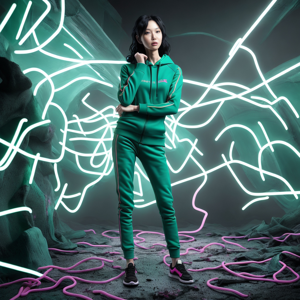 a girl in a neon room wearing a green tracksuit from squid game