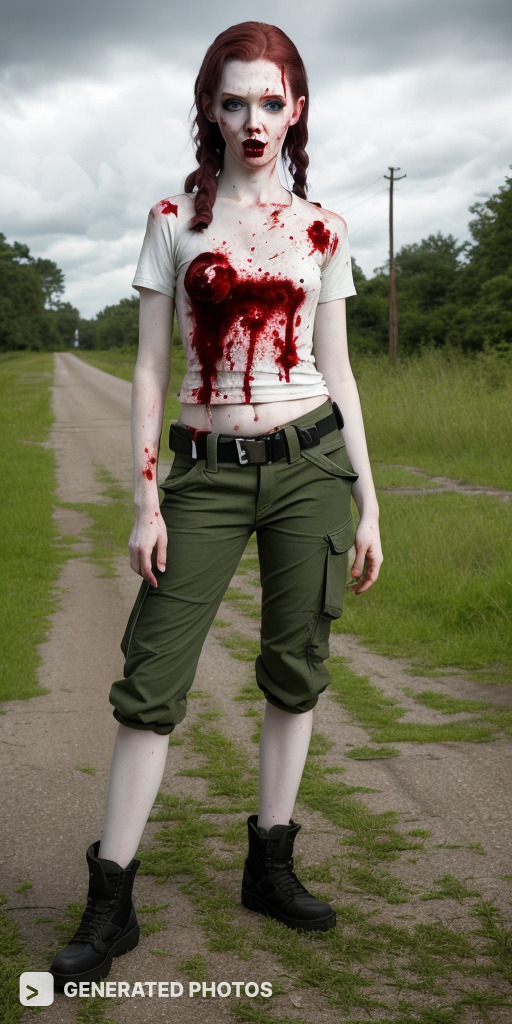 zombie girl in cargo pants covered in blood 