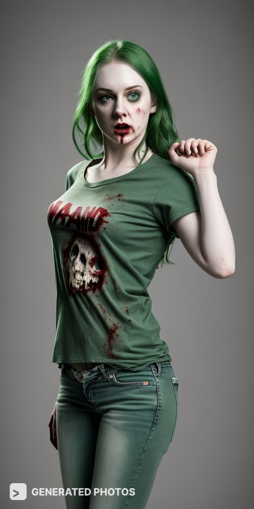 zombie girl with green hair in a green t-shirt 