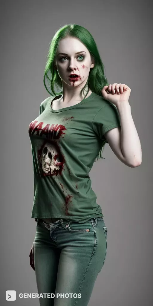 zombie girl with green hair in a green t-shirt