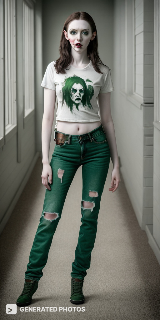 a girl with smudged lipstick in a t shirt and green jeans
