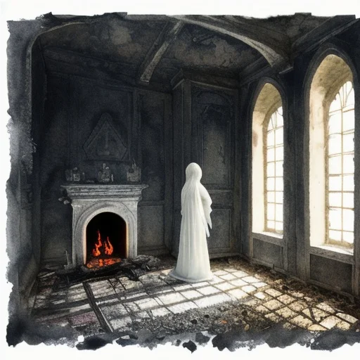 white ghost in a room with a fireplace