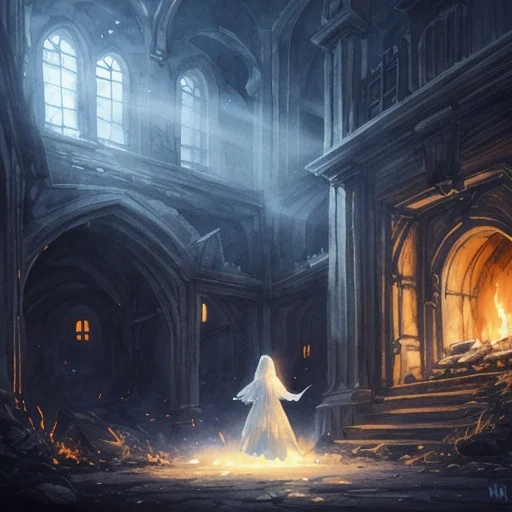 a ghost in an old aesthetic castle dancing near the fireplace