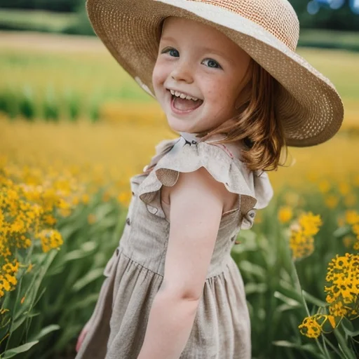 little girl in a yellow field smiling