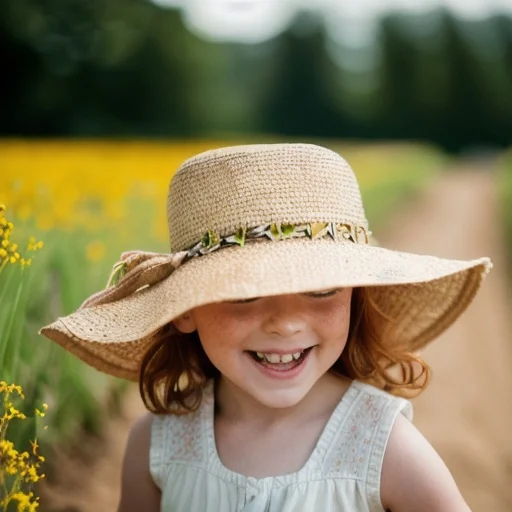 little girl in a yellow field smiling in a hat