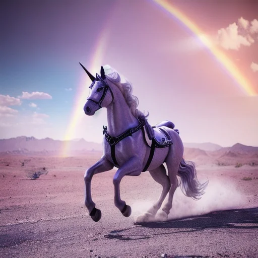 unicorn in a desert with rainbow in a sky