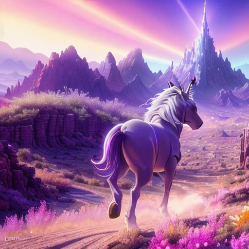 fantasy unicorn in a pink world running towards a castle