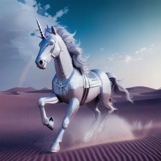 silver unicorn running in a desert