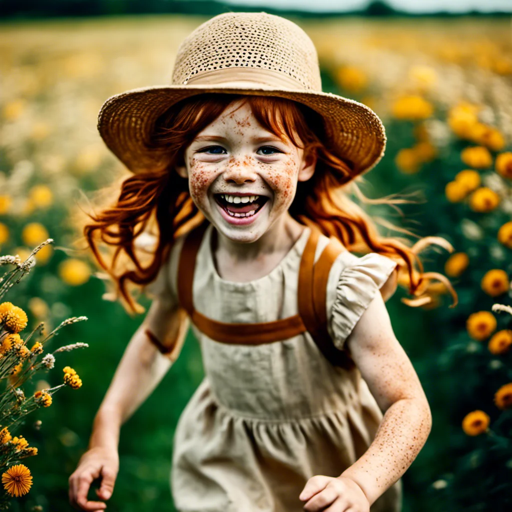 hdr picture of a ginger girl with freckles running and smiling