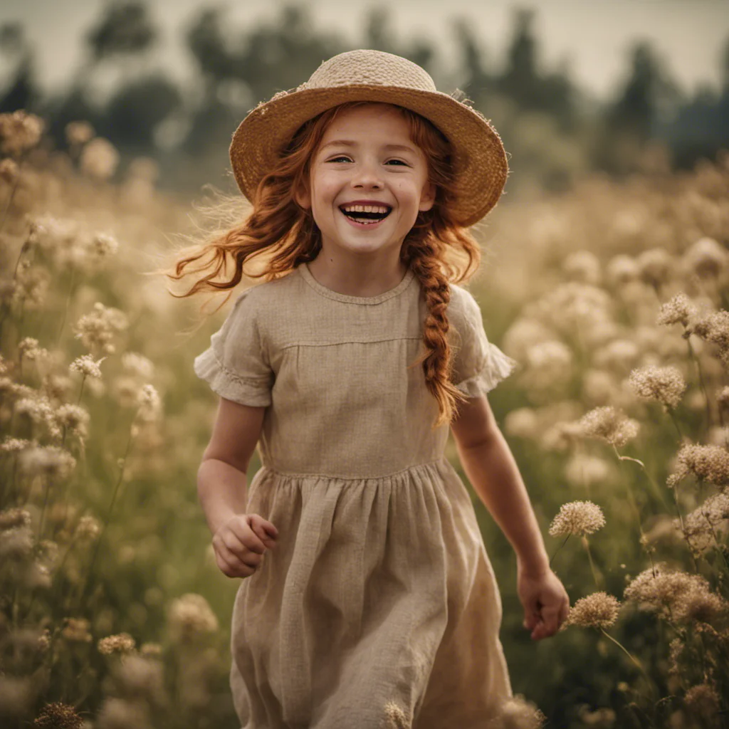 ai generated picture of a long-haired ginger girl with freckles running and smiling