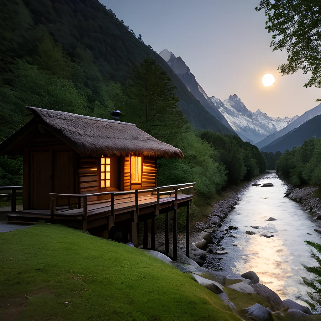 ai generated house in the mountains near the river