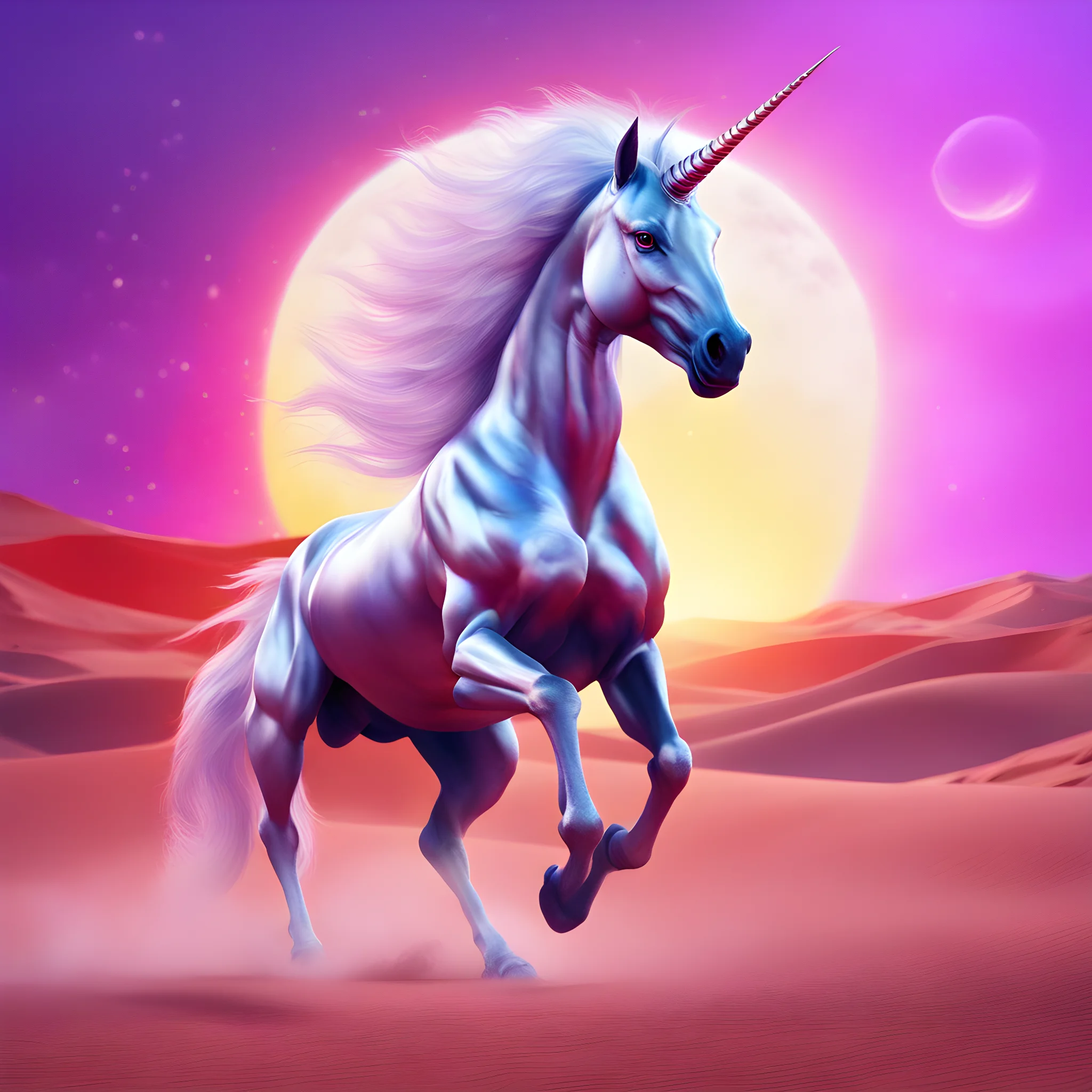 ai generated fantasy unicorn in a desert in space