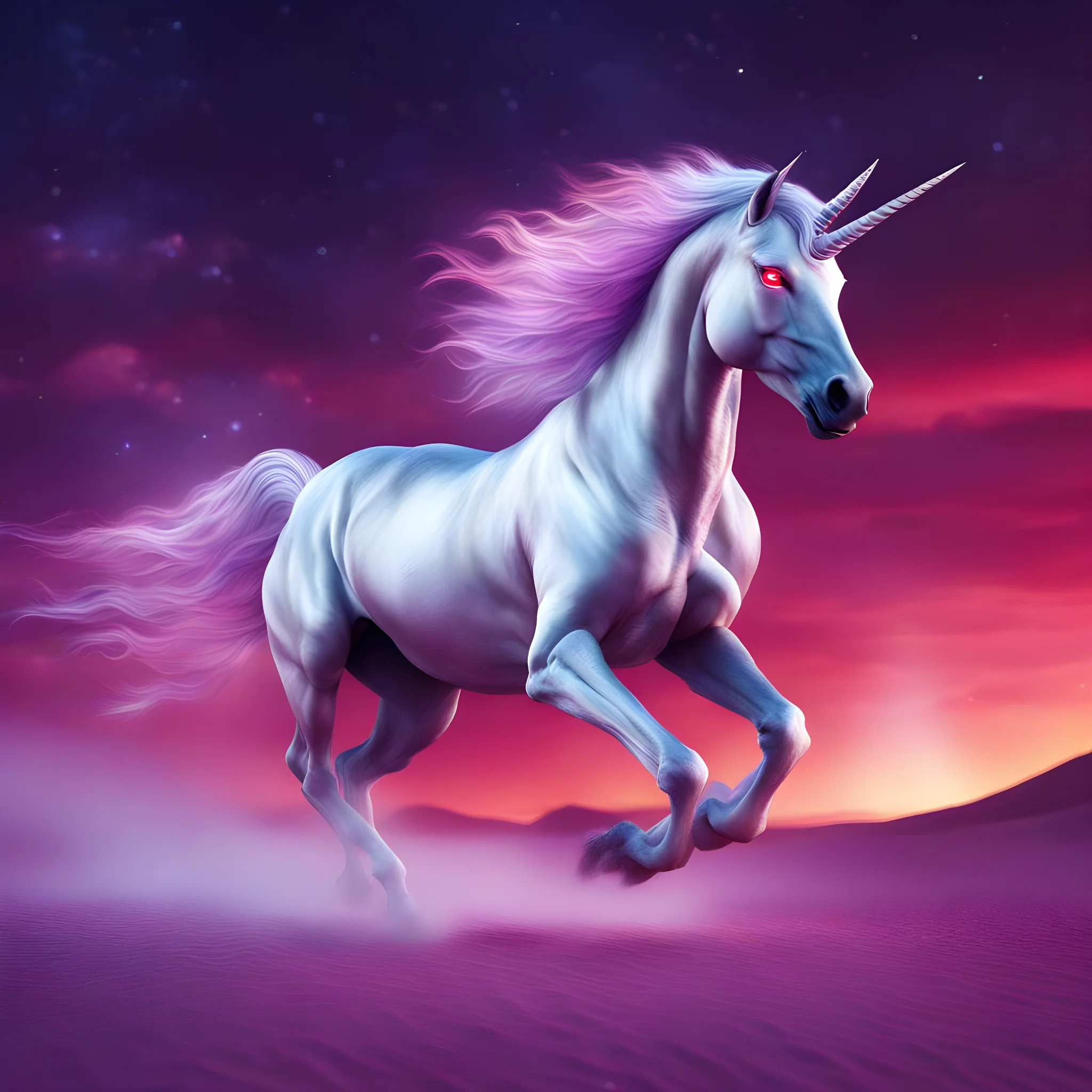 ai generated fantasy unicorn in a desert with oink skies