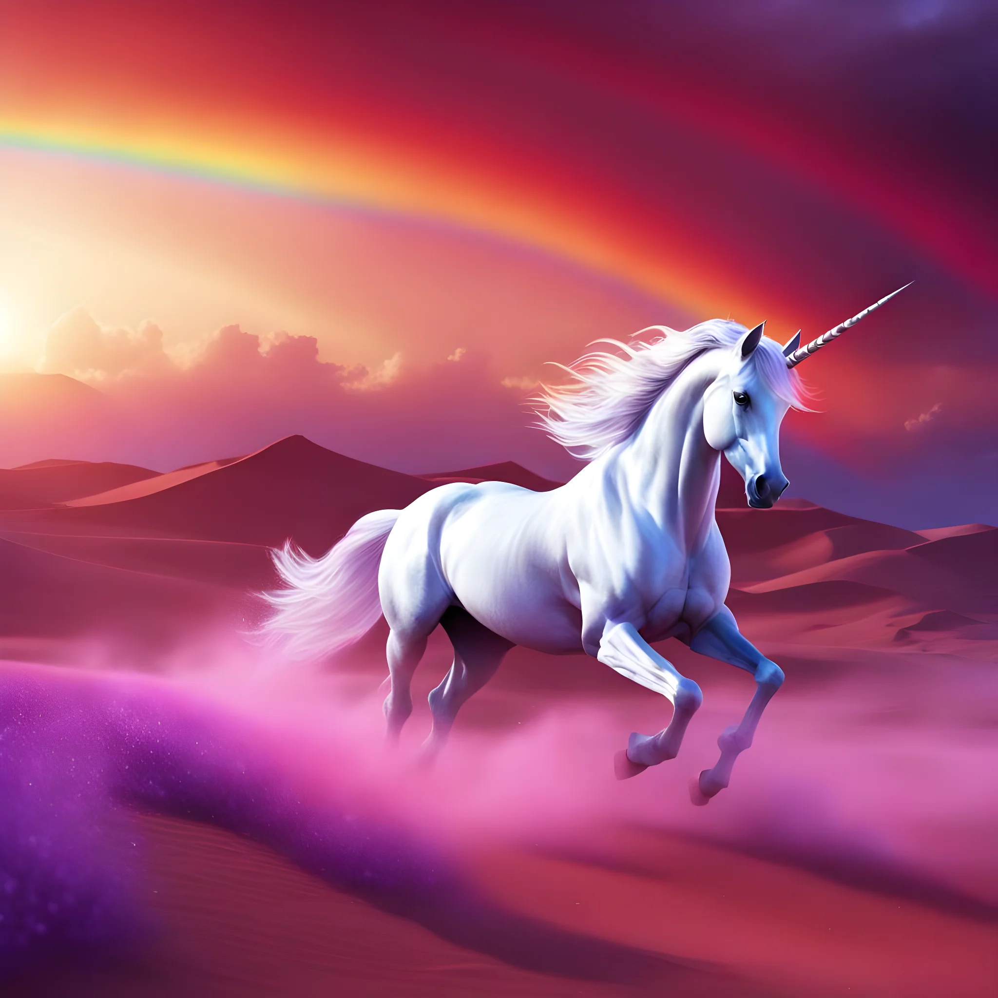 ai generated fantasy unicorn in a desert with two rainbows
