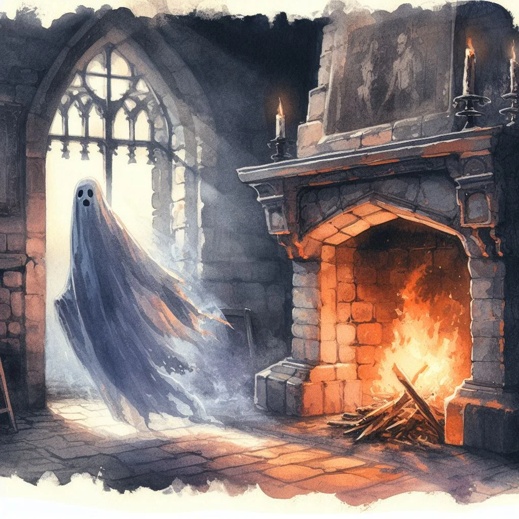 a ghost in a castle with a fireplace