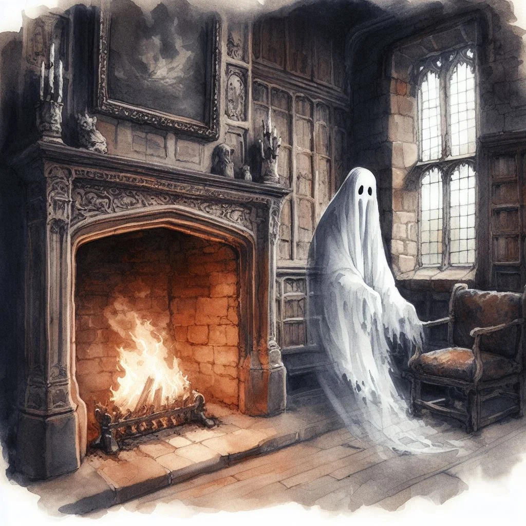 a watercolor image ghost in a castle with a fireplace