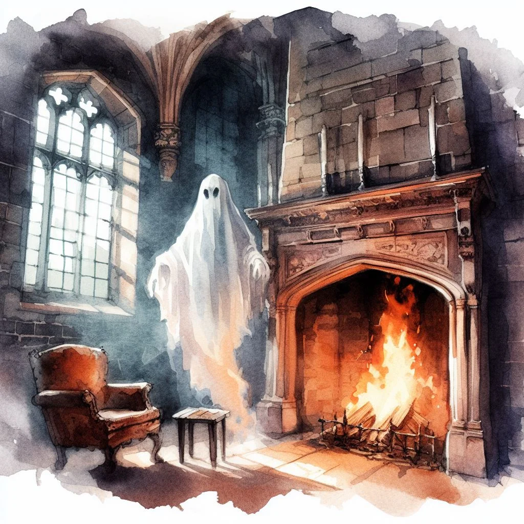 a watercolor image ghost in a castle with a fireplace