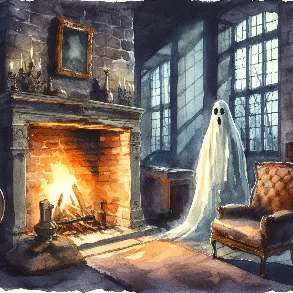 a watercolor image ghost in a castle with a fireplace