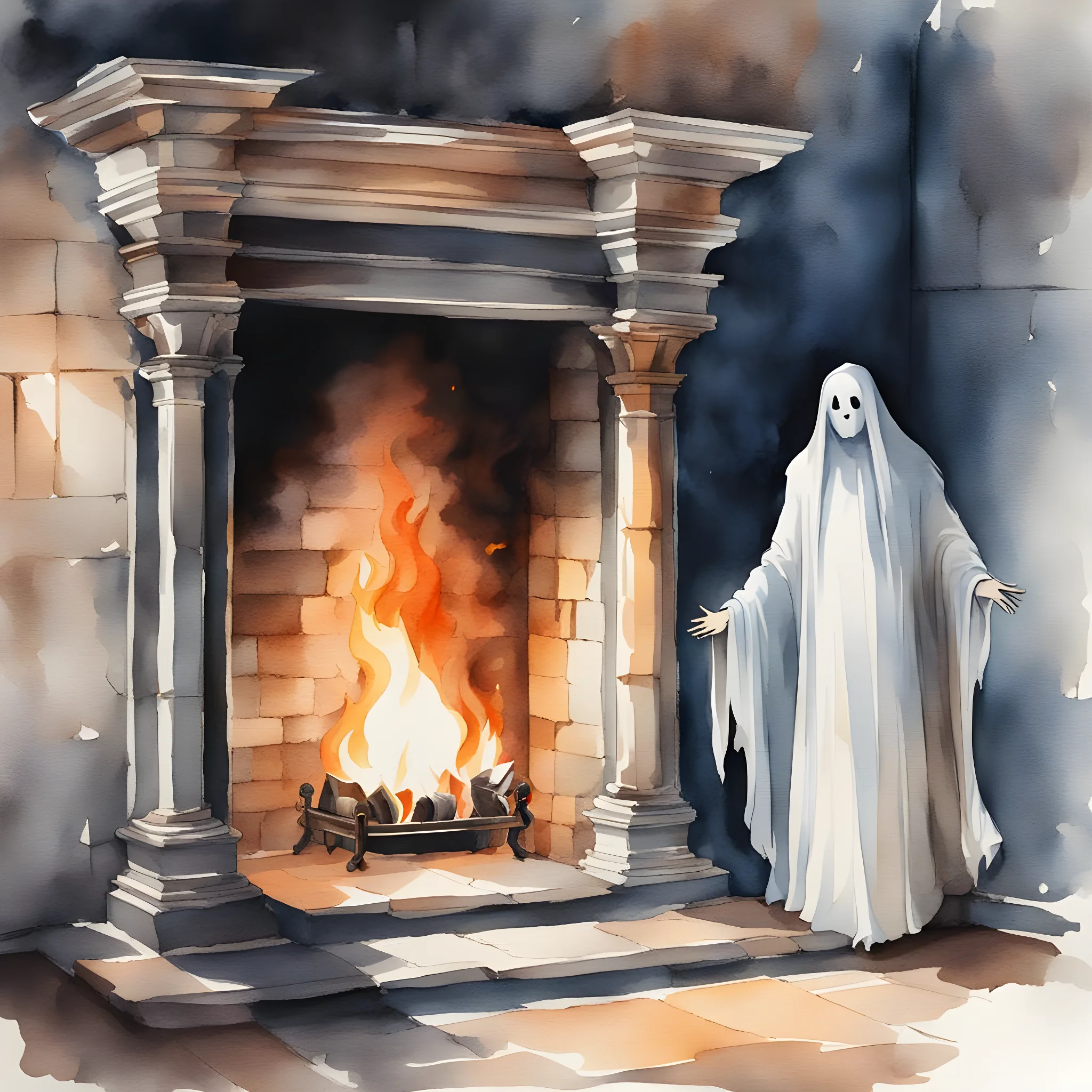 watercolor ai generated ghost near the fireplace