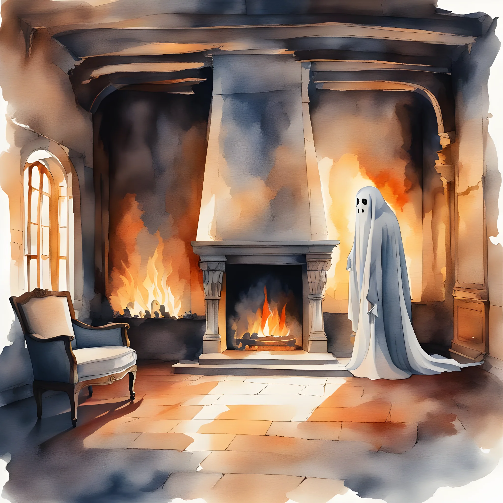 watercolor ai generated ghost in a room near the fireplace