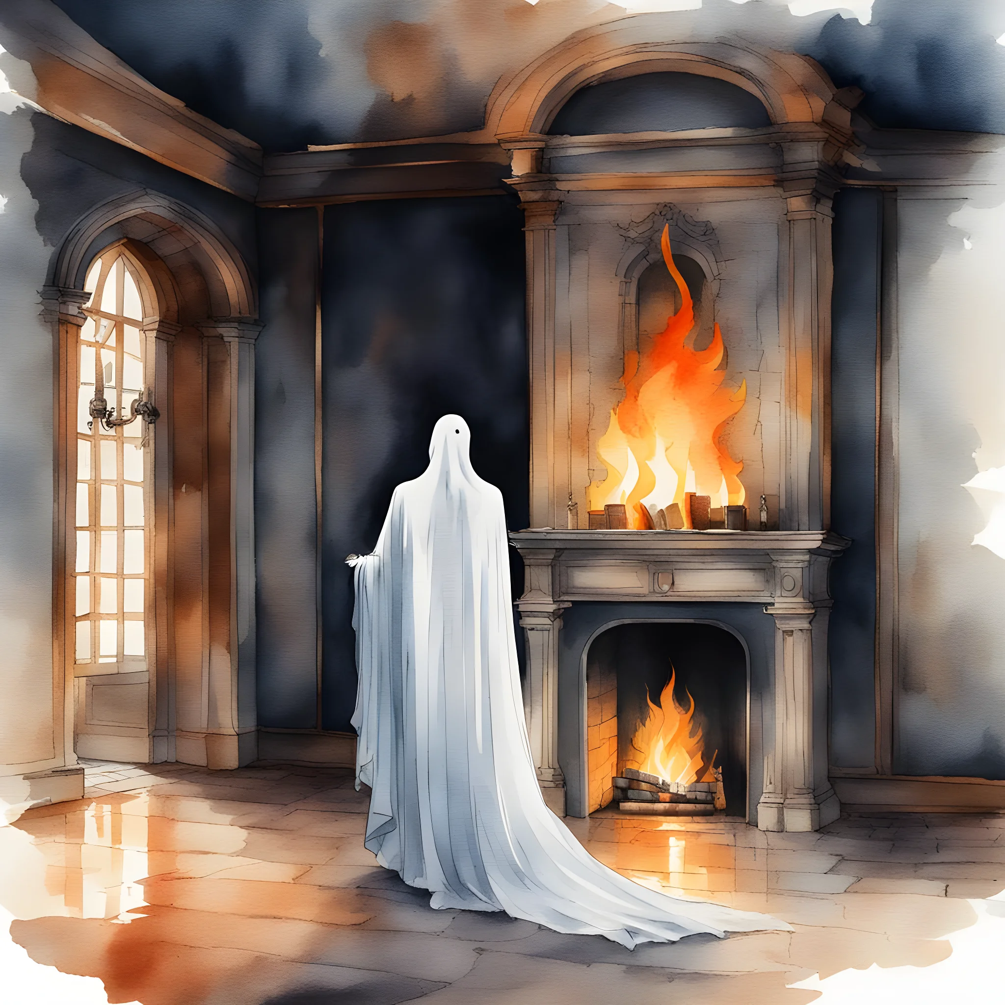 watercolor ai generated ghost near the fireplace