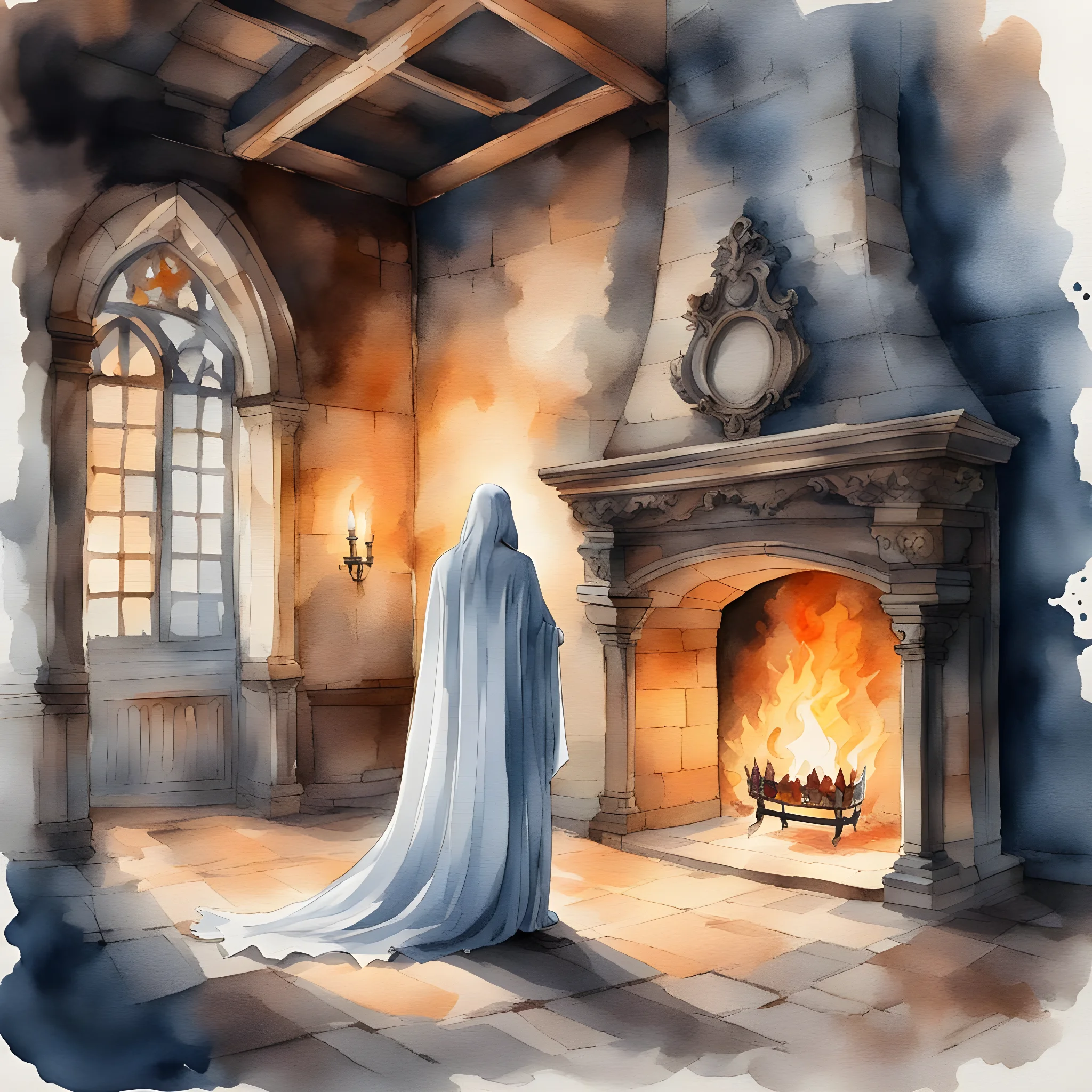 watercolor ai generated ghost near the fireplace in a room with candles