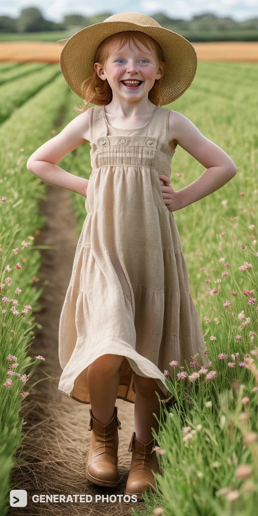 a girl in a linen dress smiling in a field with a hat and boots 