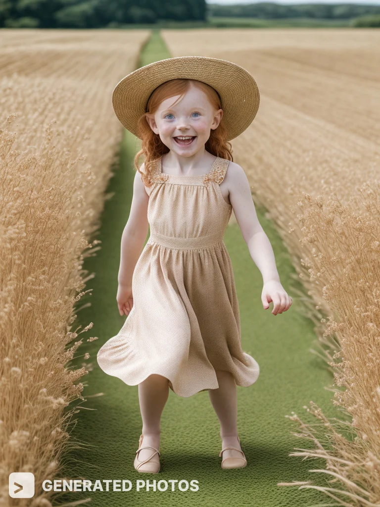 cute ginger girl in a linen dress running in a field