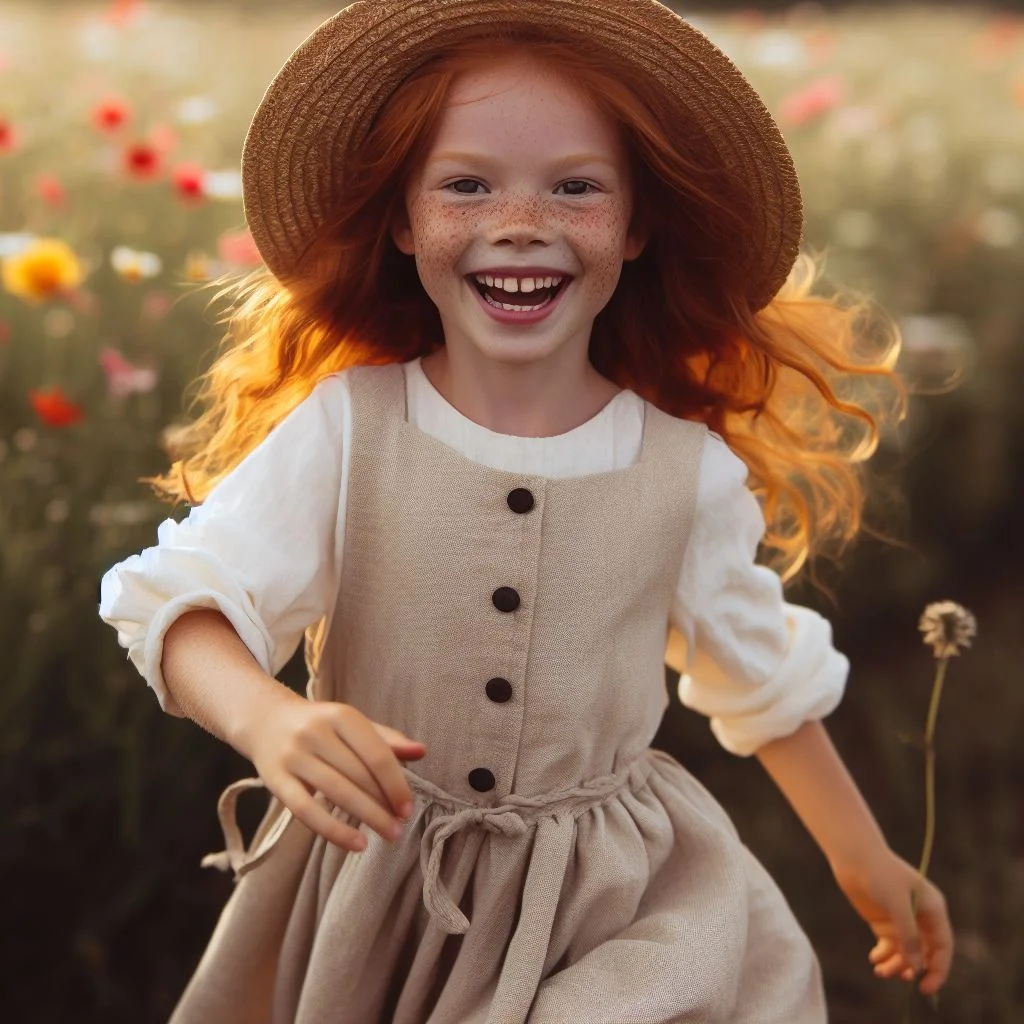 ginger girl running in a field of flowers 