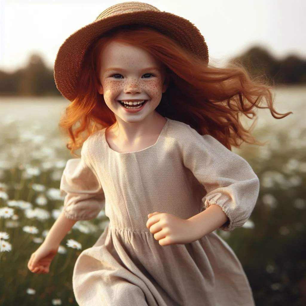 ai generated ginger girl running in a field of flowers