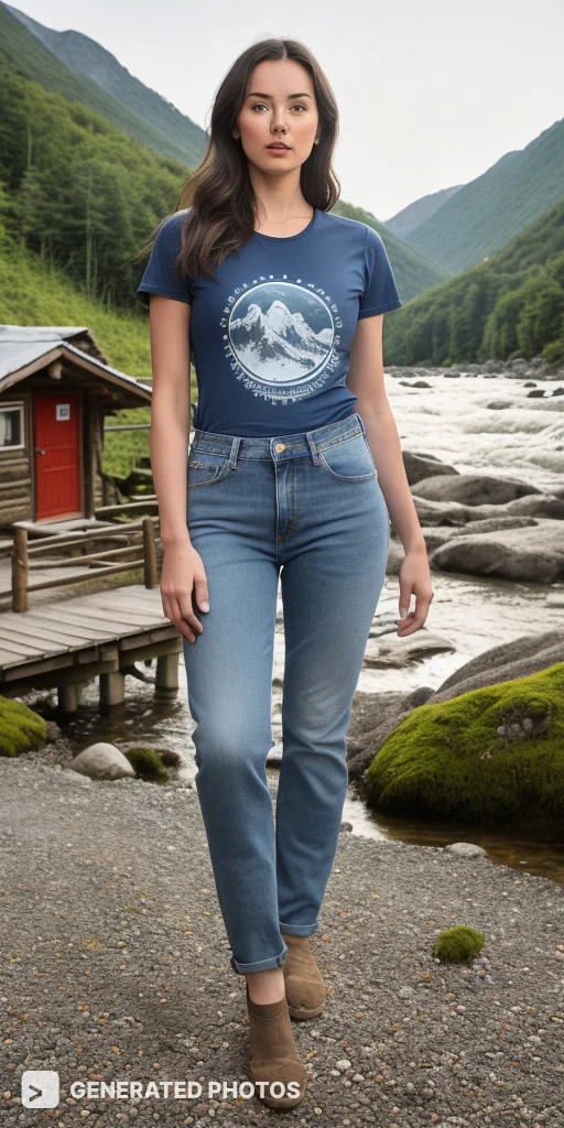 woman with dark hair standing in a riverside, green mountains in a background