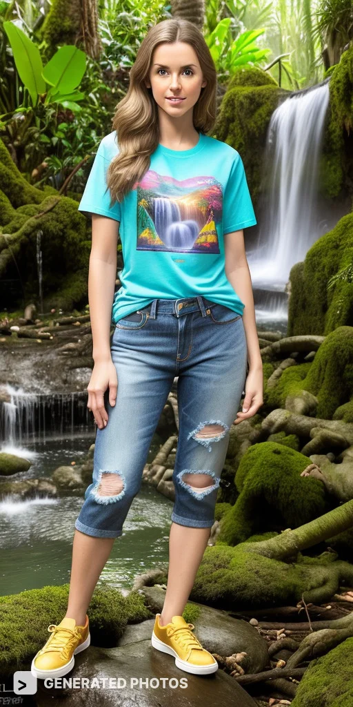 beautiful woman standing in front of a waterfall in a blue t-shirt