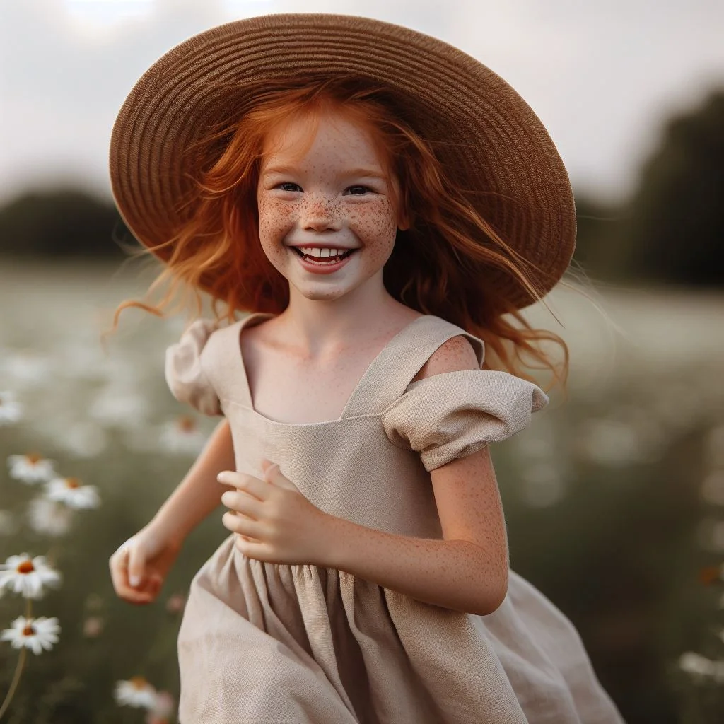 ai generated dall-e ginger girl running in a field of flowers