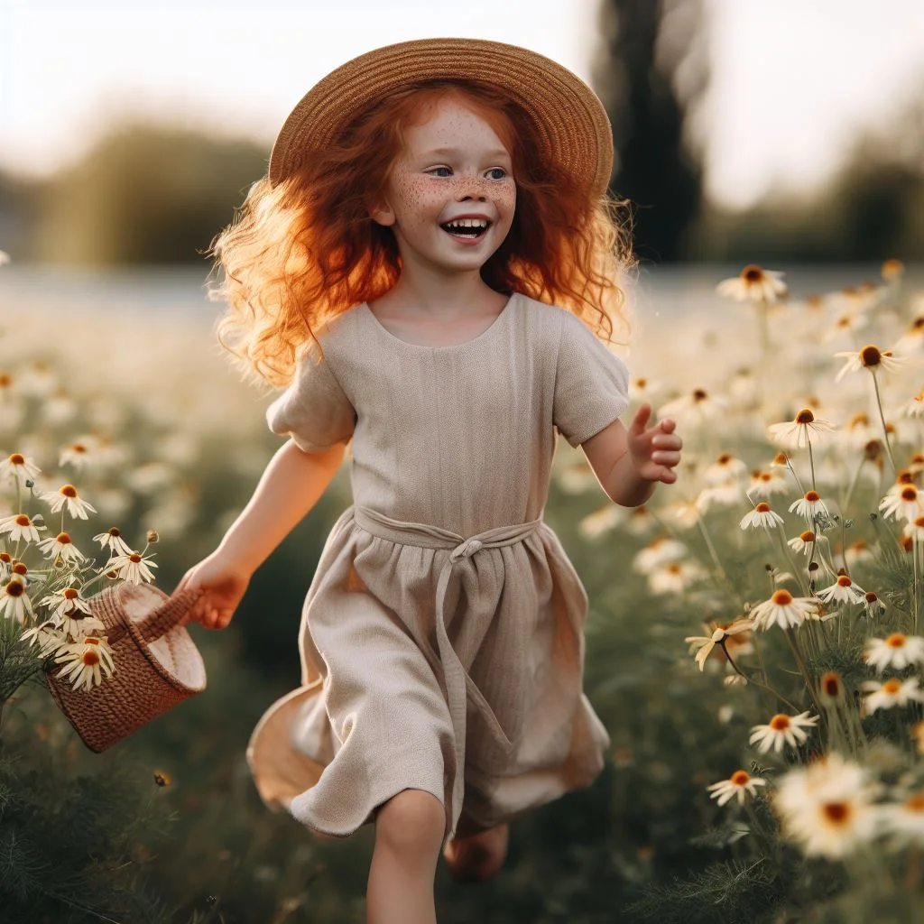 ai generated ginger girl running in a field of flowers with a basket in hand 