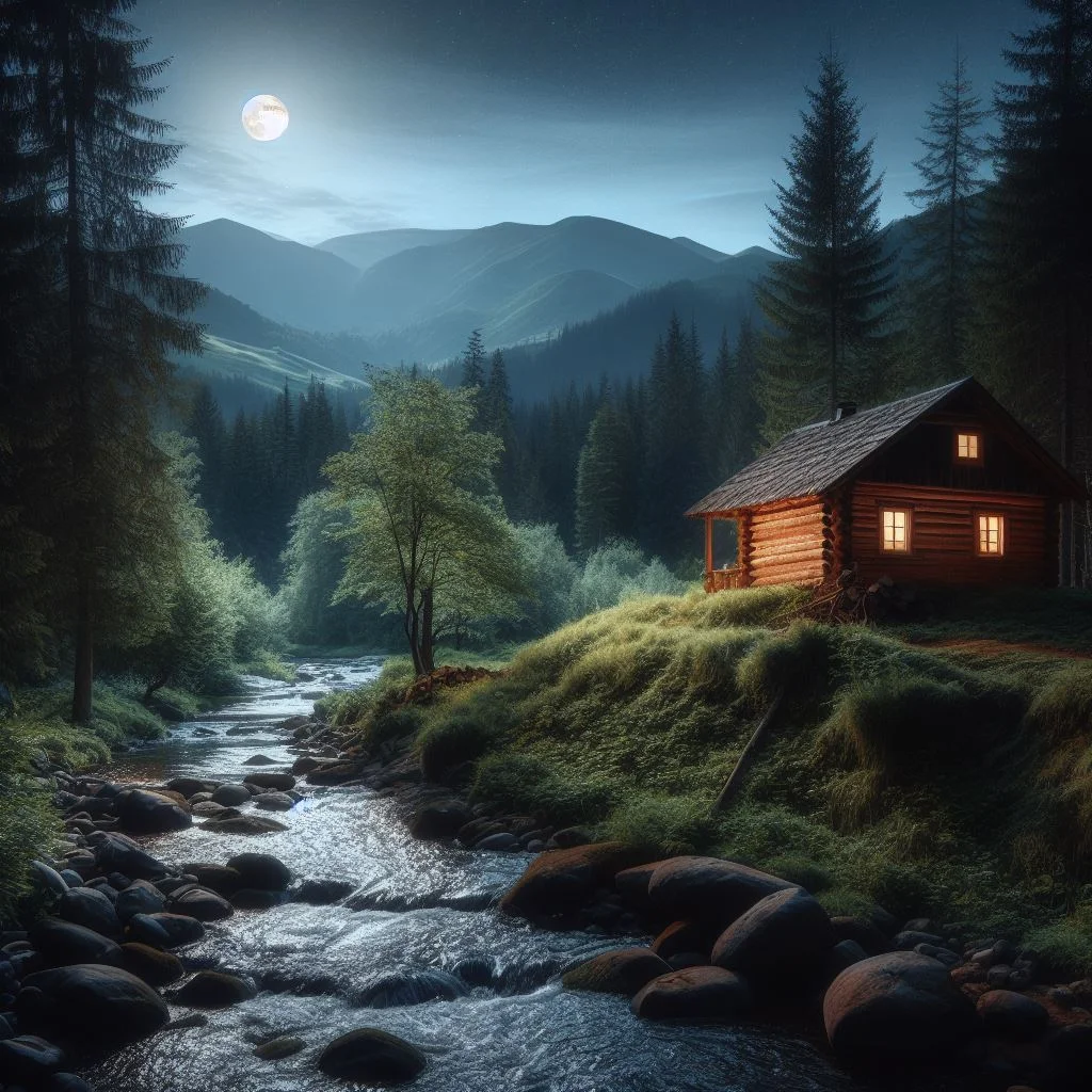 moody ai generated picture of a house by the river in mountains