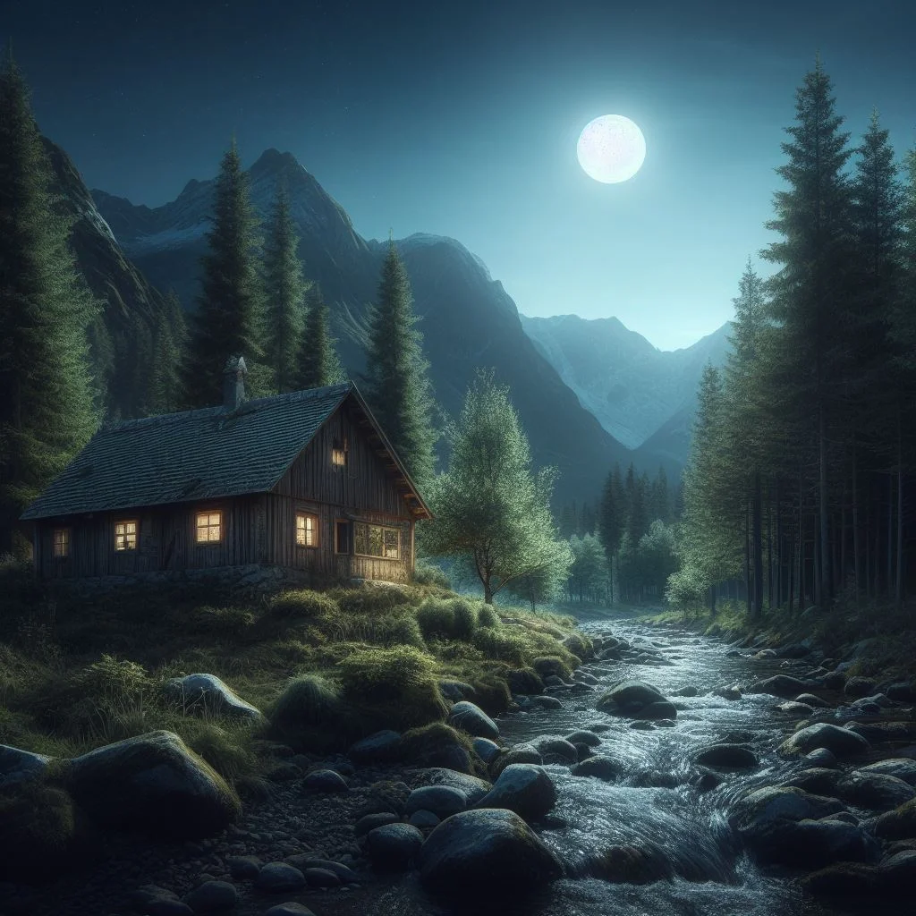 moody ai generated picture of a house by the river in mountains