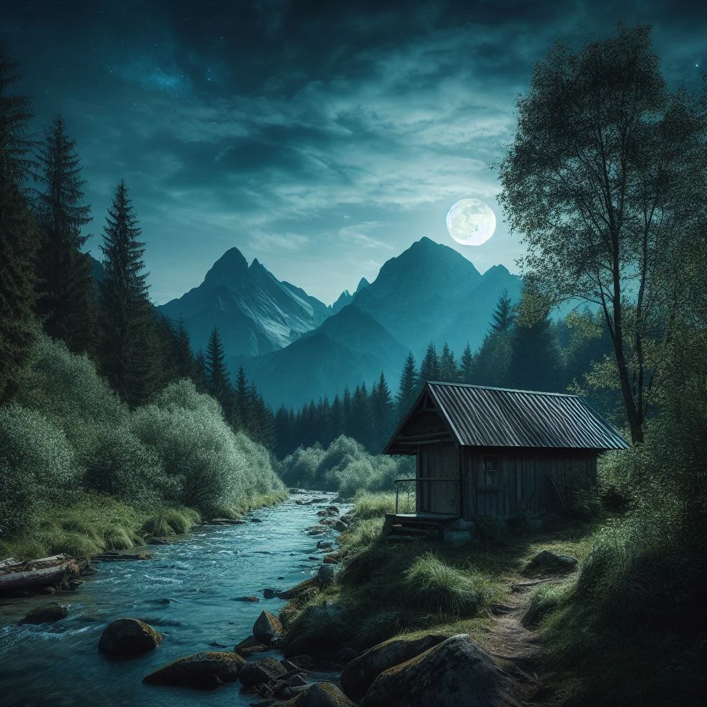 moody ai generated picture of a house by the river in mountains