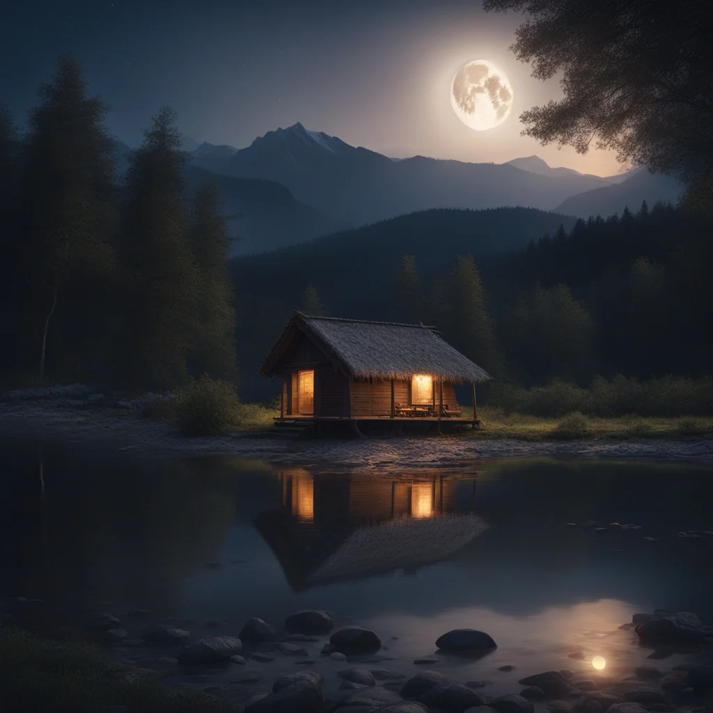 a small house in a woods by the river at night with mountains in a background