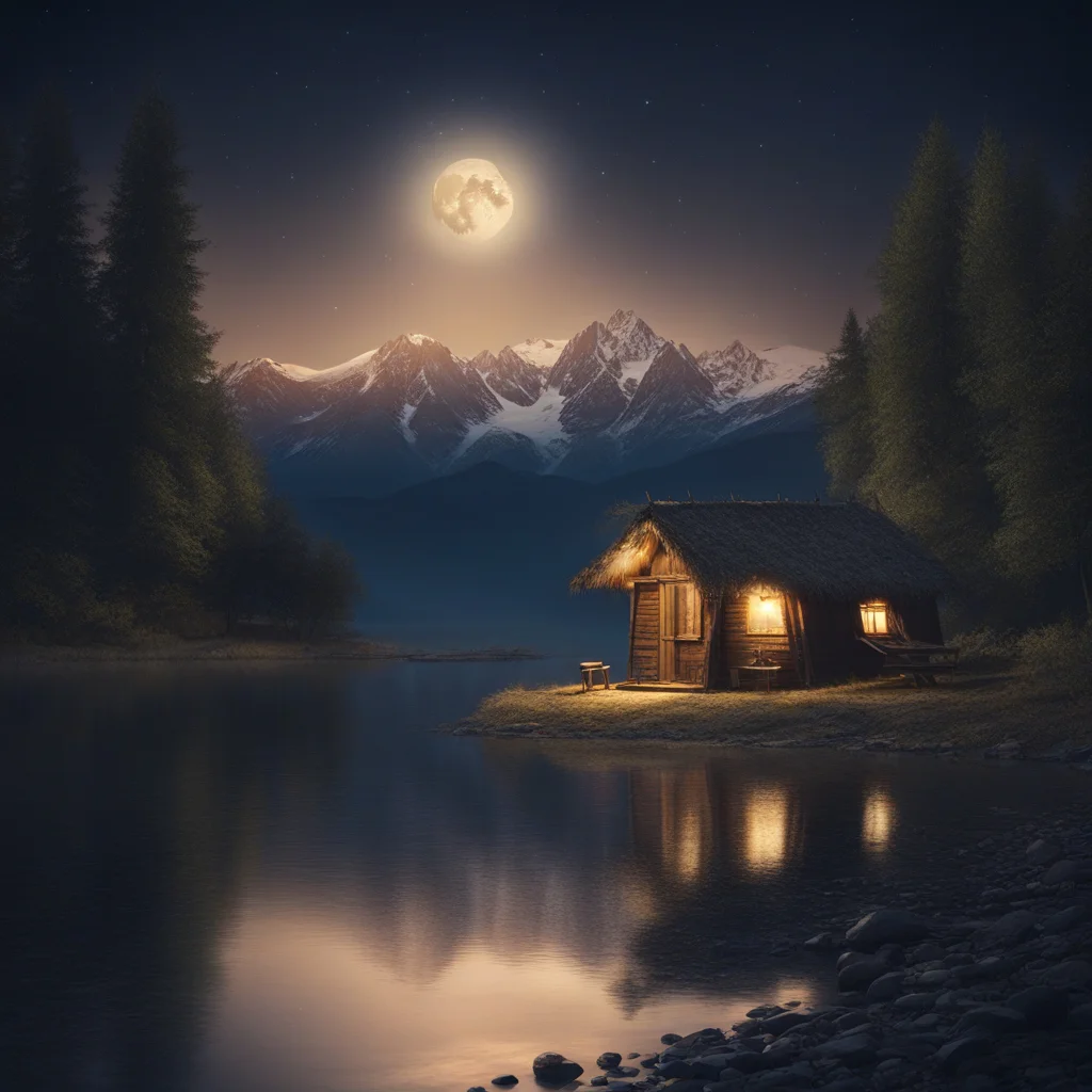 a house by the lake during starry night with mountains in a background