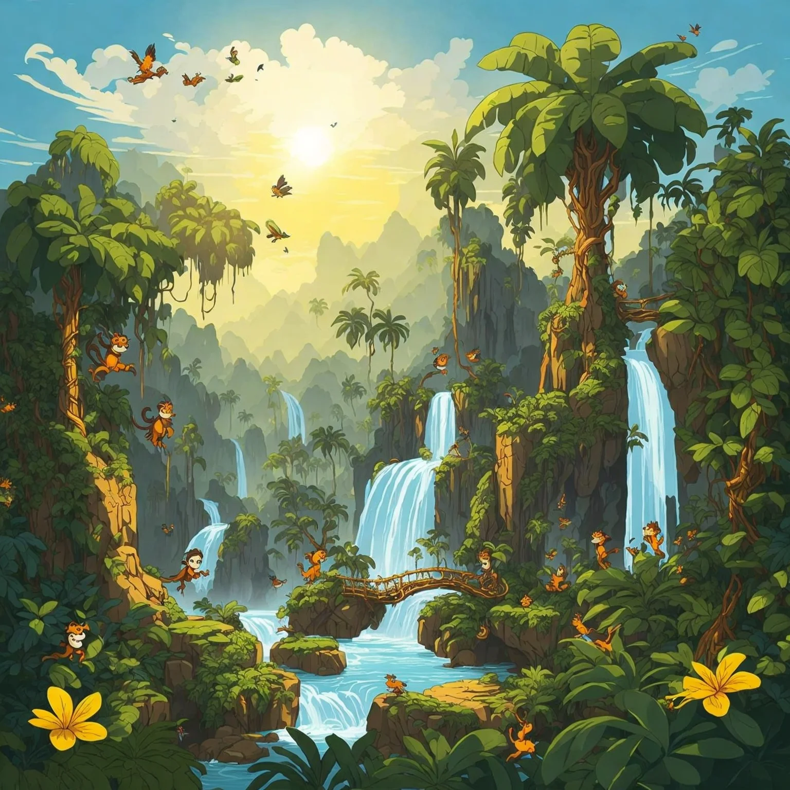 ai generated 2d cartoon picture of a rainforest