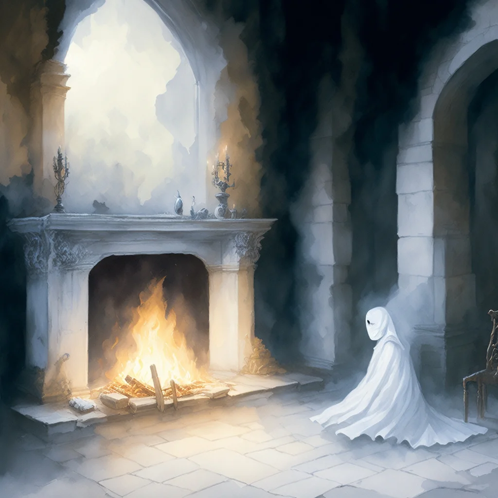 ai generated watercolor picture of a ghost near the fireplace in a castle