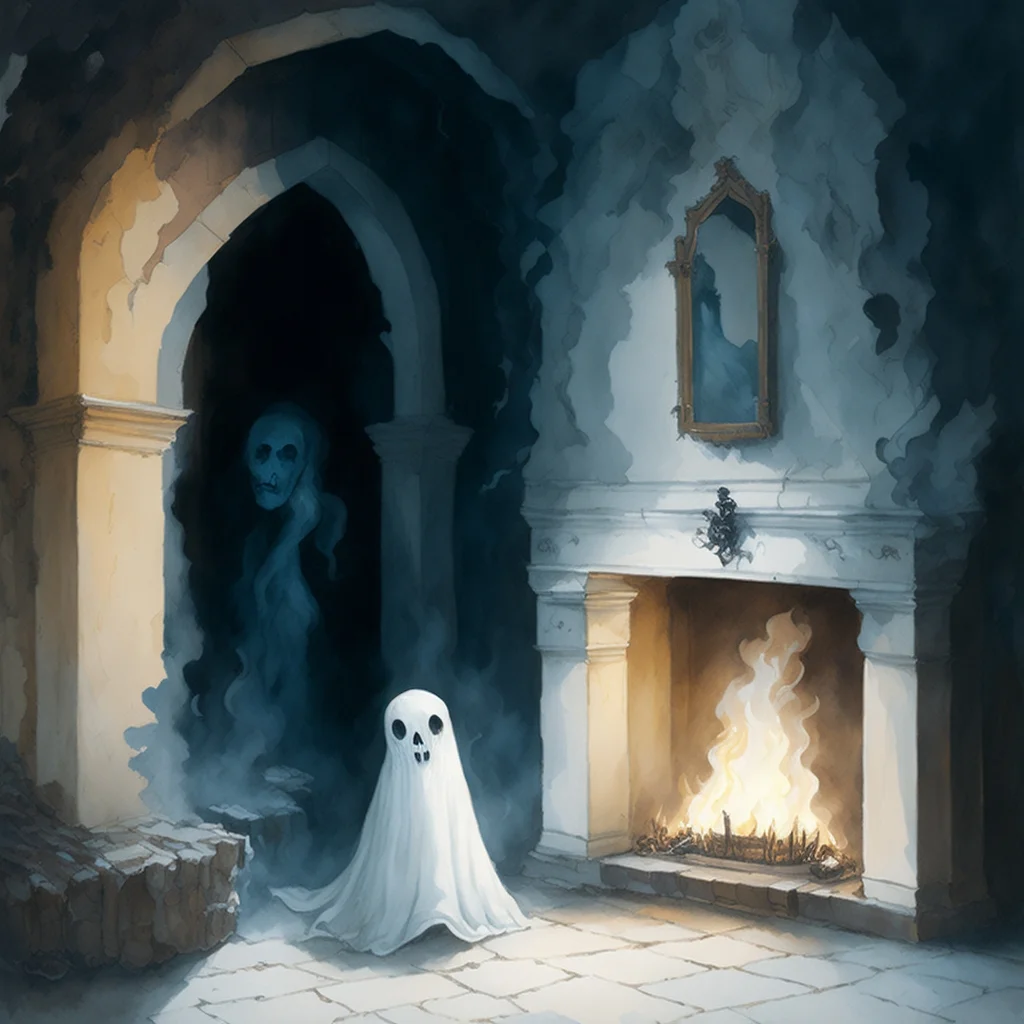 cartoonish picture of two ghosts in a castle near the fireplace