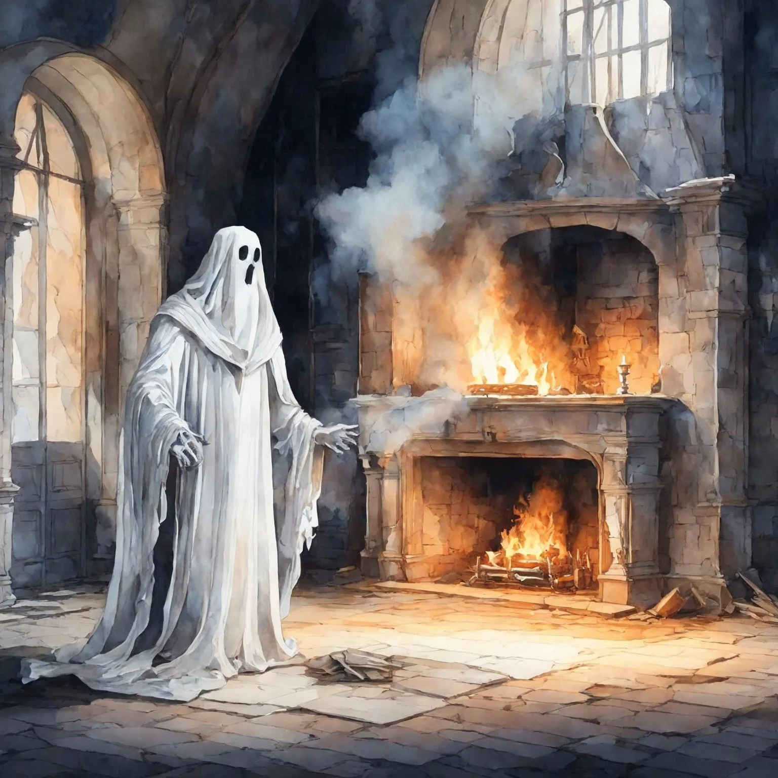 watercolor ghost in a castle by the fireplace