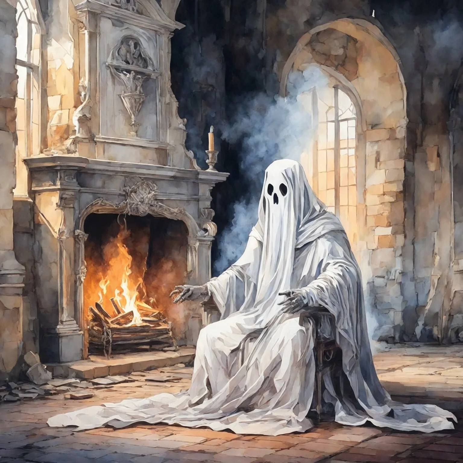 watercolor ghost sitting in a chair by the fireplace